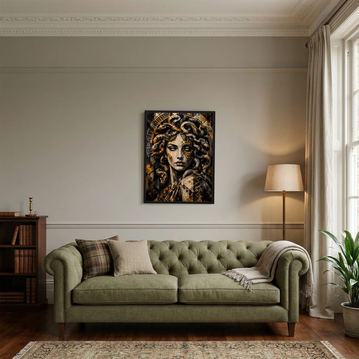 Wandposter mit Medusa-Gesicht, gold-schwarzes Mosaik, Schlangen umlocken die Haare
