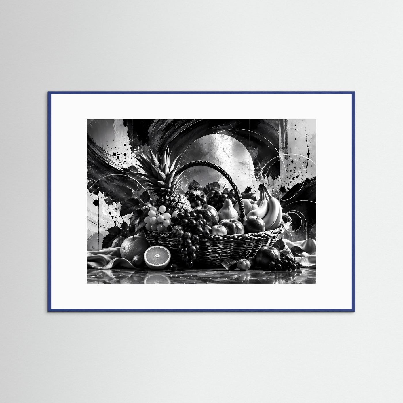 Schwarz-Weiß Obstkorb Poster | Modernes Stillleben Wandbild | Monochrome Früchte Kunst | Elegante Küchen Deko | Abstrakte Wall Art