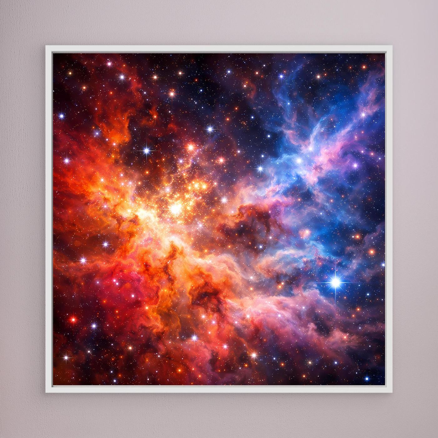 Leinwandbild mit kosmischen Nebeln: rot-blauer Sternhimmel, weißer Rahmen