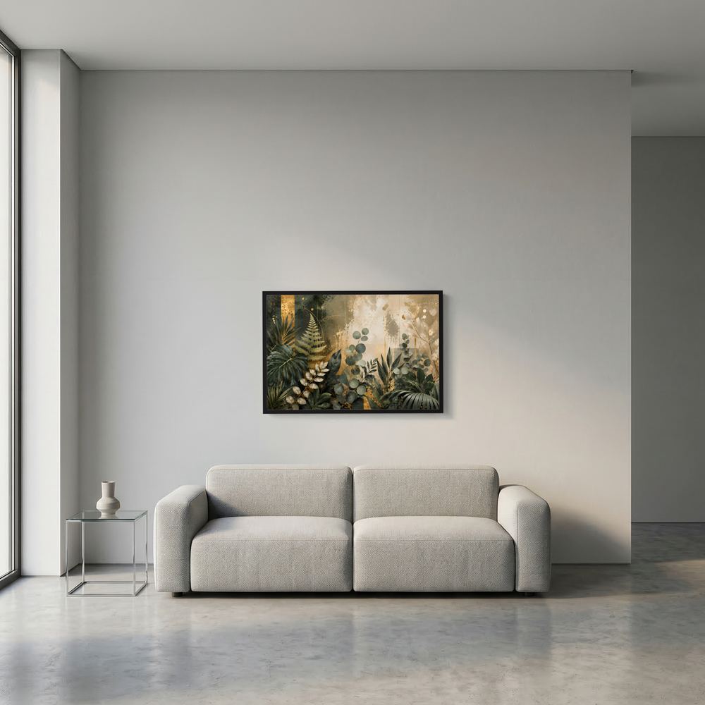 Gerahmtes Querformat-Poster mit botanischem Blattmotiv in Grün und Gold an der Wand.
