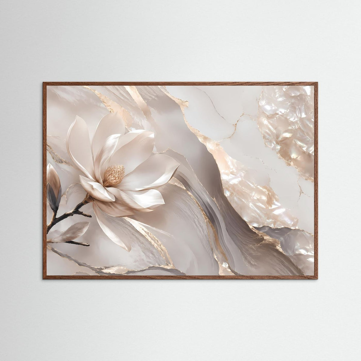 Florale Wandkunst mit weißer Magnolie, Perlmutt- und Goldakzenten, dunkler Holzrahmen.