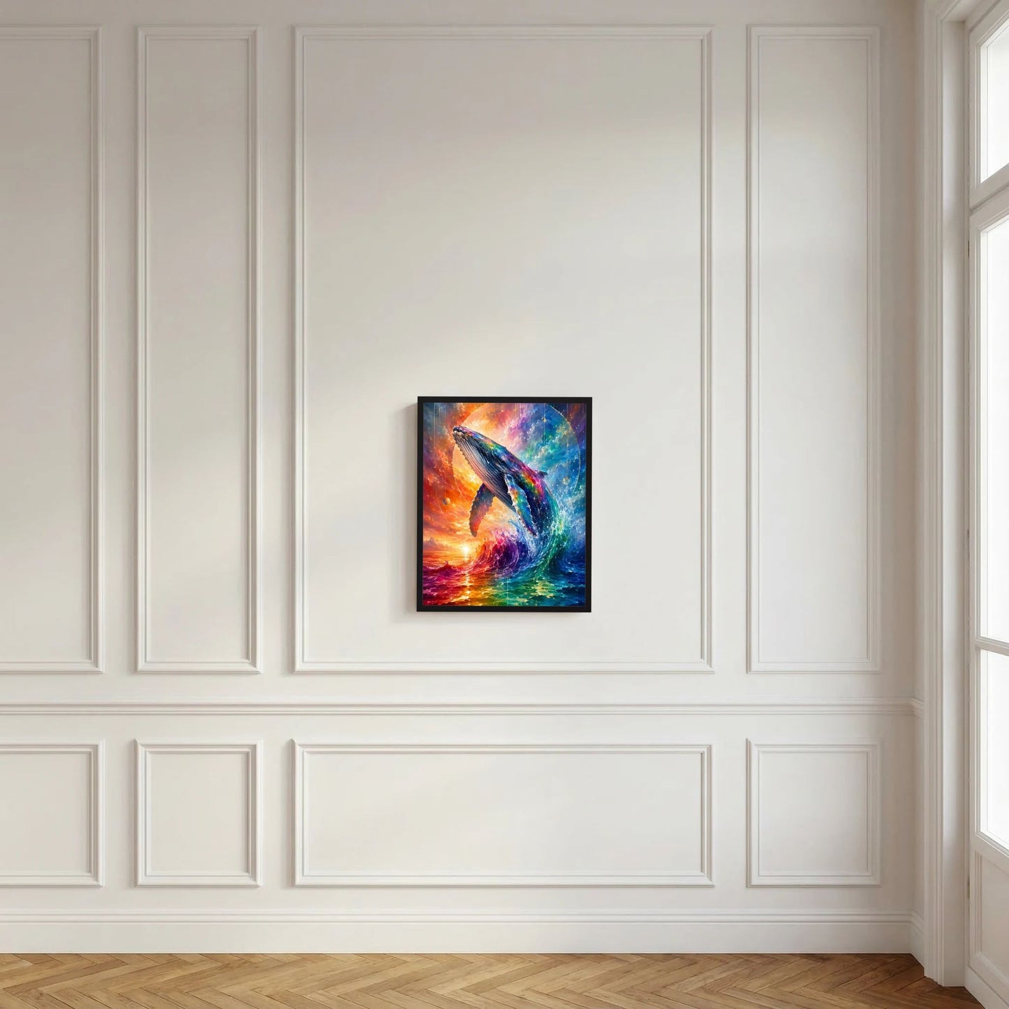Wandposter im Hochformat mit Wal in kosmischem Regenbogenmeer, buntes Kunstmotiv