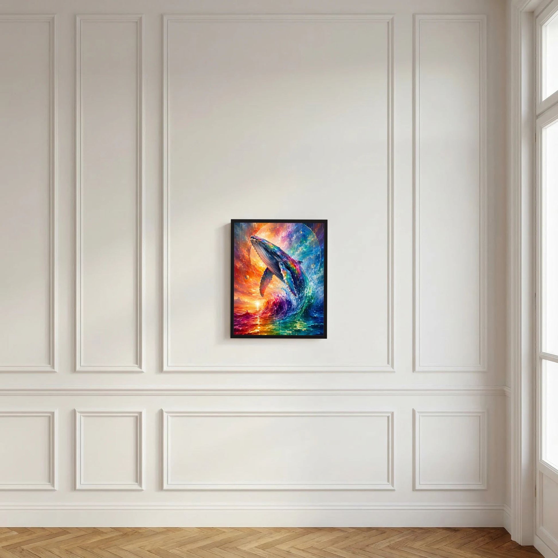 Wandposter im Hochformat mit Wal in kosmischem Regenbogenmeer, buntes Kunstmotiv
