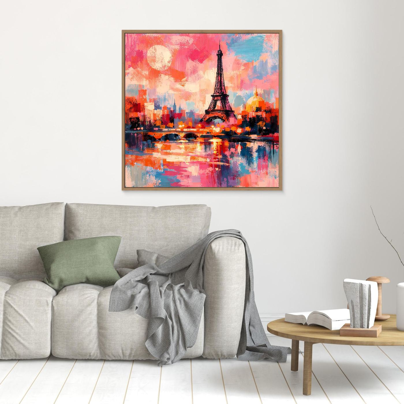 Leinwand-Wandbild mit abstraktem Eiffelturm über farbigem Stadt- und Wasserbild, Eichenrahmen.