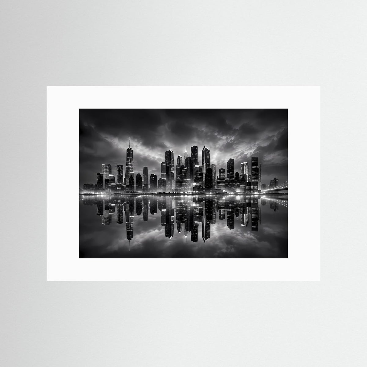 Stadtbild-Poster in Schwarzweiß mit Skyline und Spiegelung; ohne Rahmen, mit weißem Rand.
