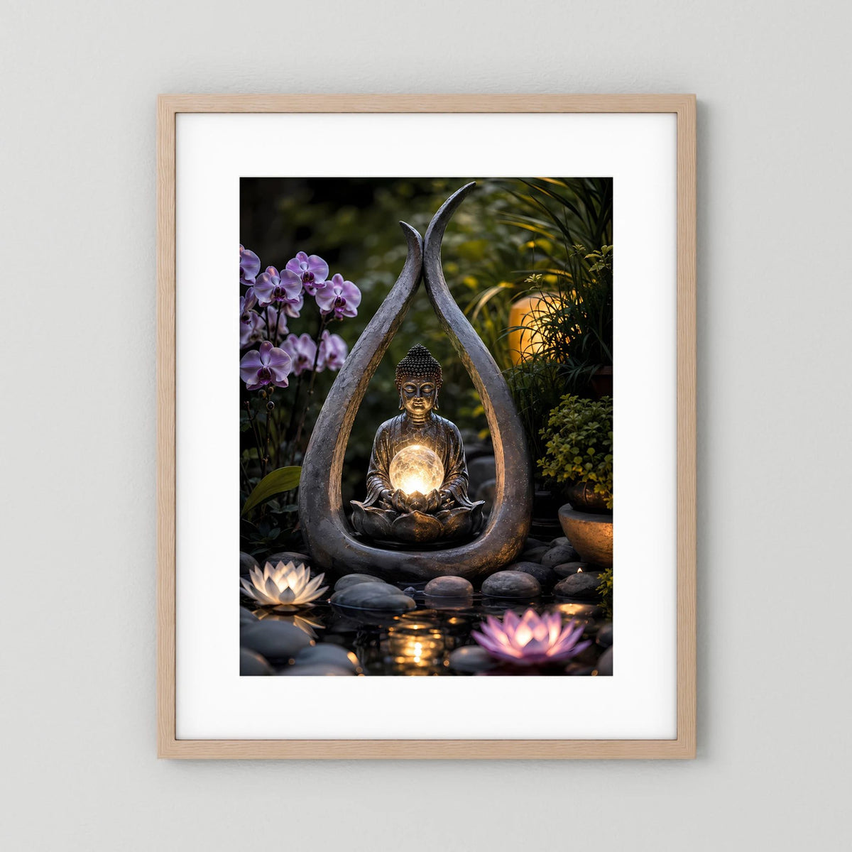 Poster im hellen Holzrahmen mit weißem Rand: Meditierender Buddha, goldene Lichtkugel, Lotus und violette Orchideen