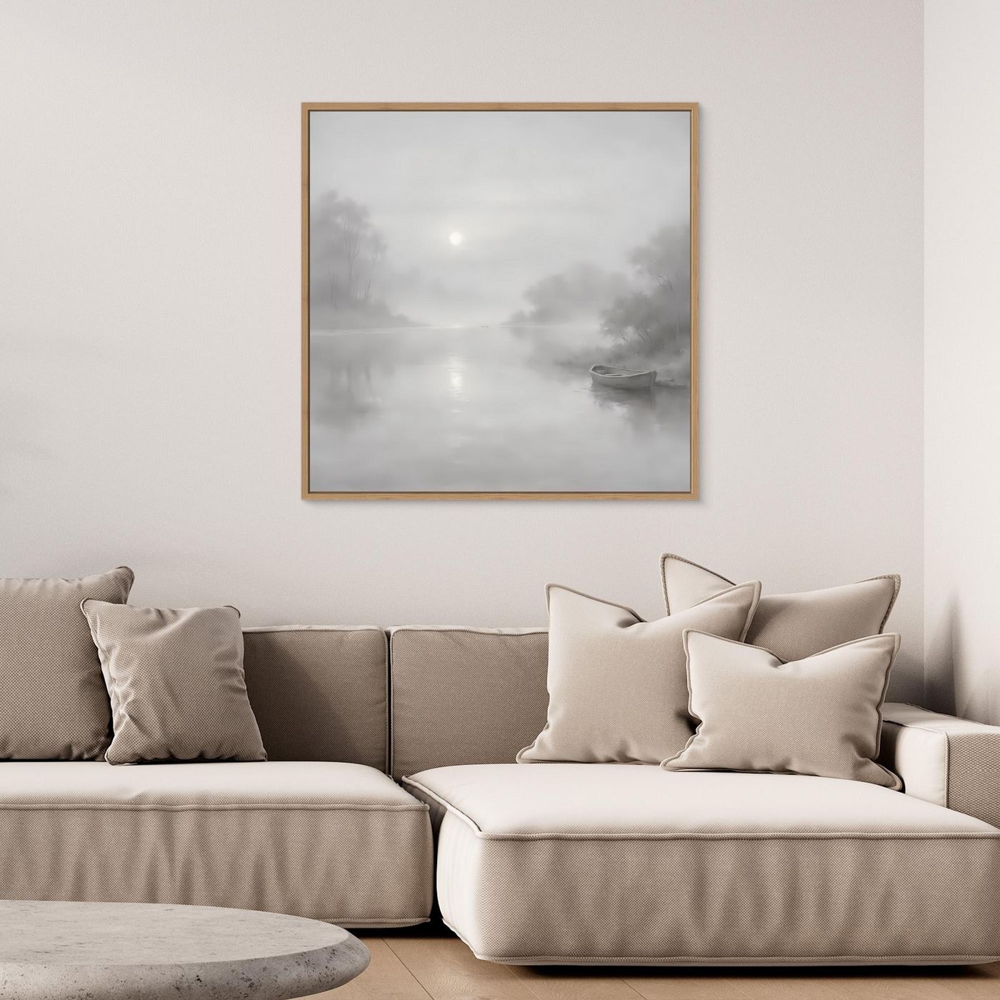 Leinwandbild mit nebligem Flussmotiv in Grau, Rahmen in Eiche