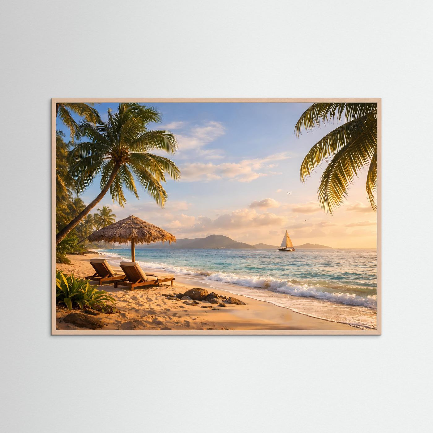 Tropischer Traumstrand bei Sonnenuntergang | Karibik Strand & Segelboot Wandbild Querformat