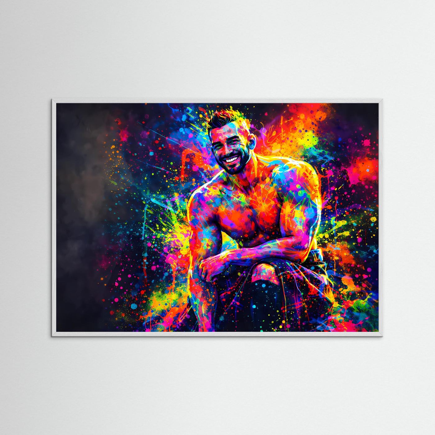 Kunstposter mit neonfarbenem muskulösem Portrait im weißen Holzrahmen, Querformat
