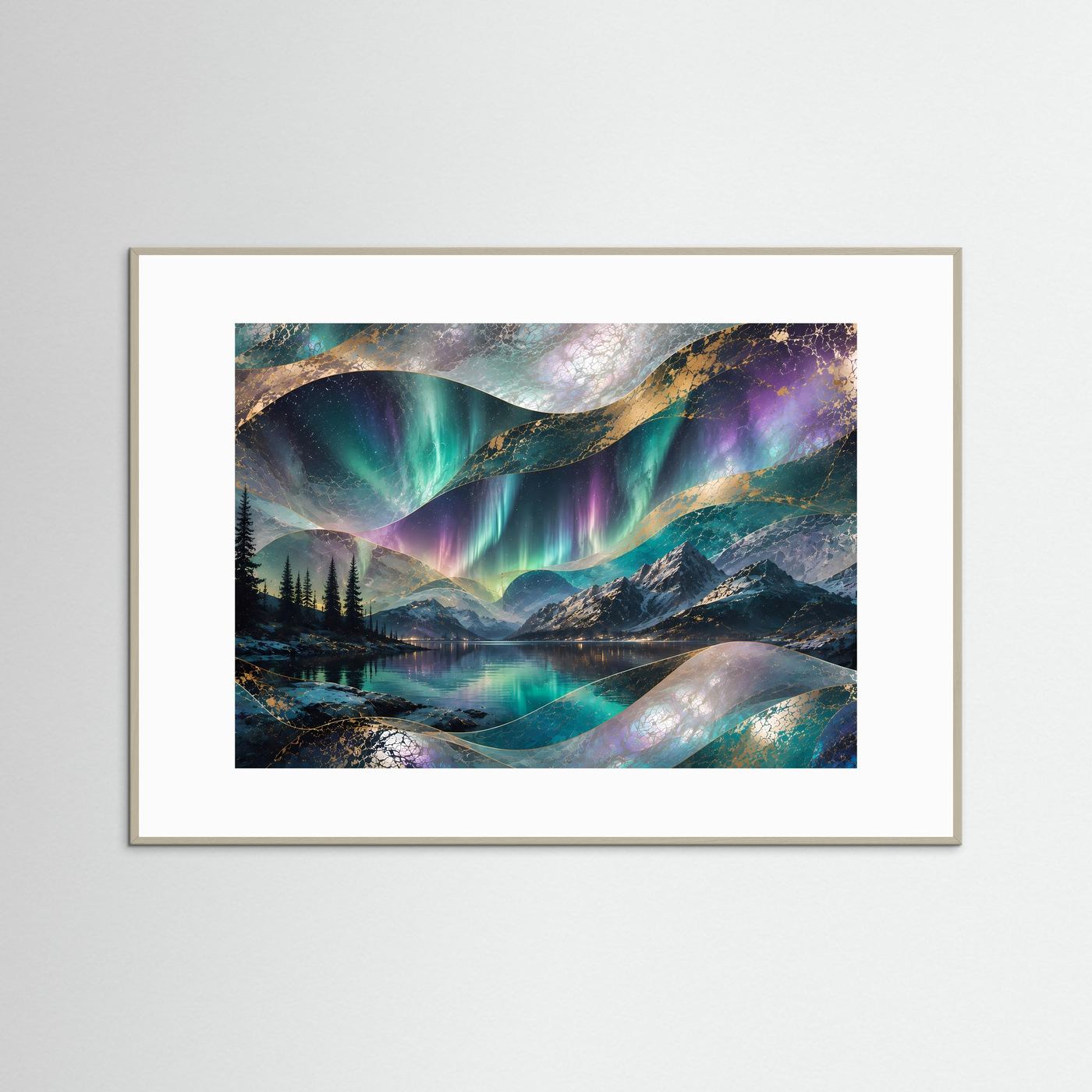 Querformat-Poster: Aurora über Bergsee in Türkis/Violett, Perlmutt & Gold, weiß gerahmt
