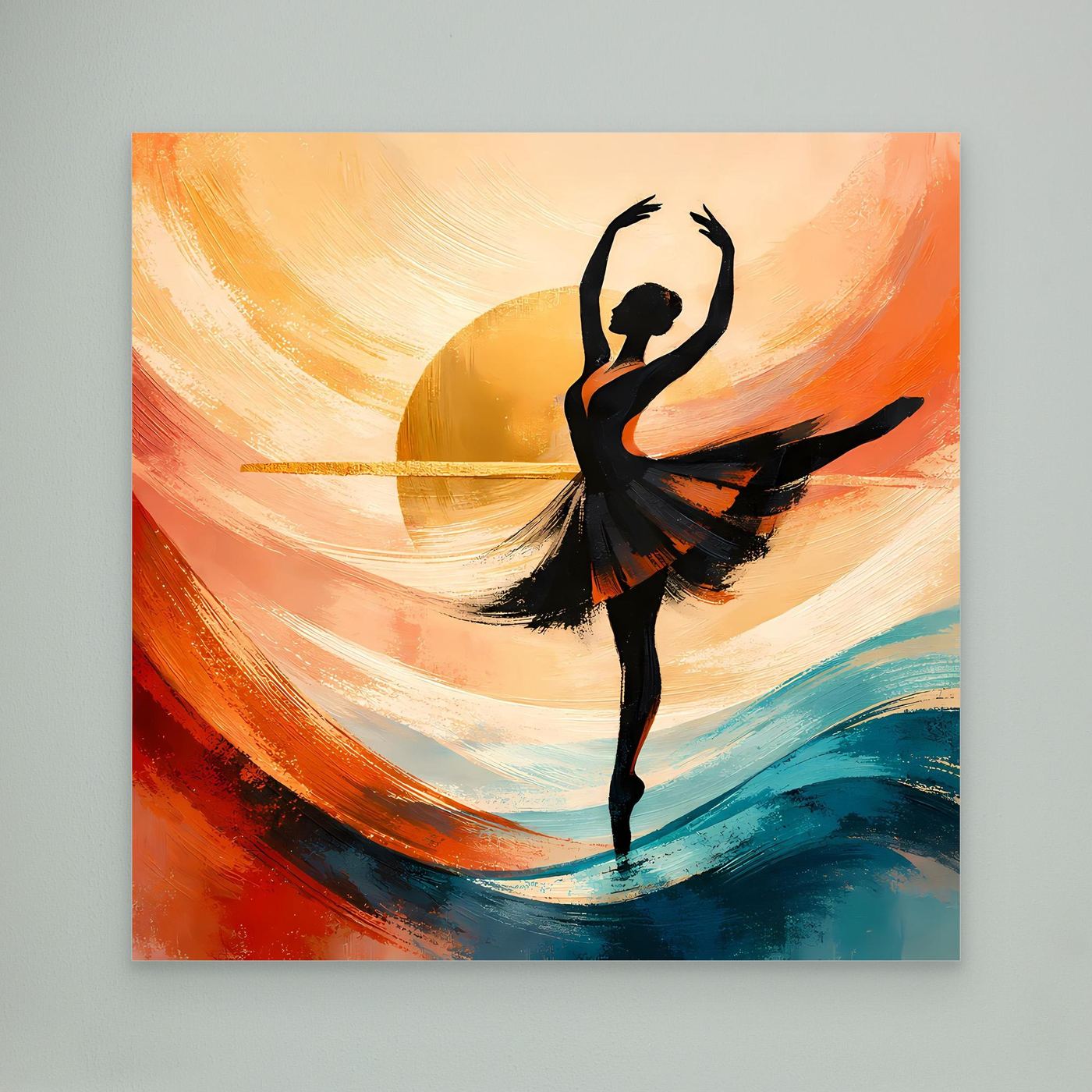 Abstraktes Leinwandbild ohne Rahmen: Ballerina-Silhouette mit orange-gelben Pinselbögen und Blauwellen