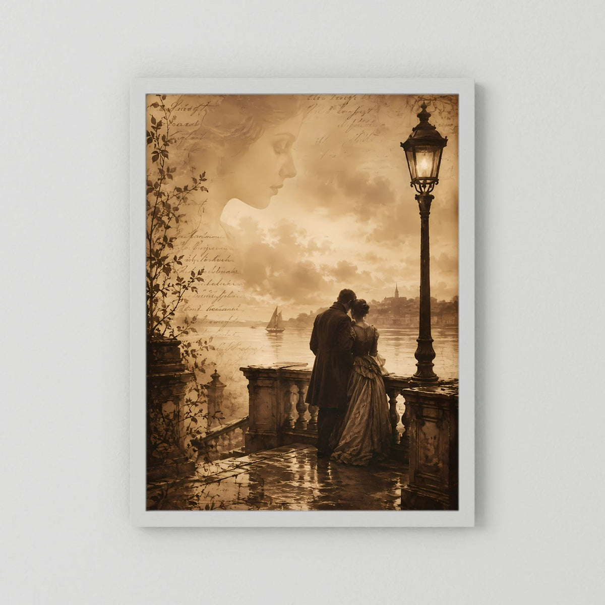 Hochformatiges Poster im hellen Rahmen: Frau und Mann am Geländer, Laterne am Fluss, sepia