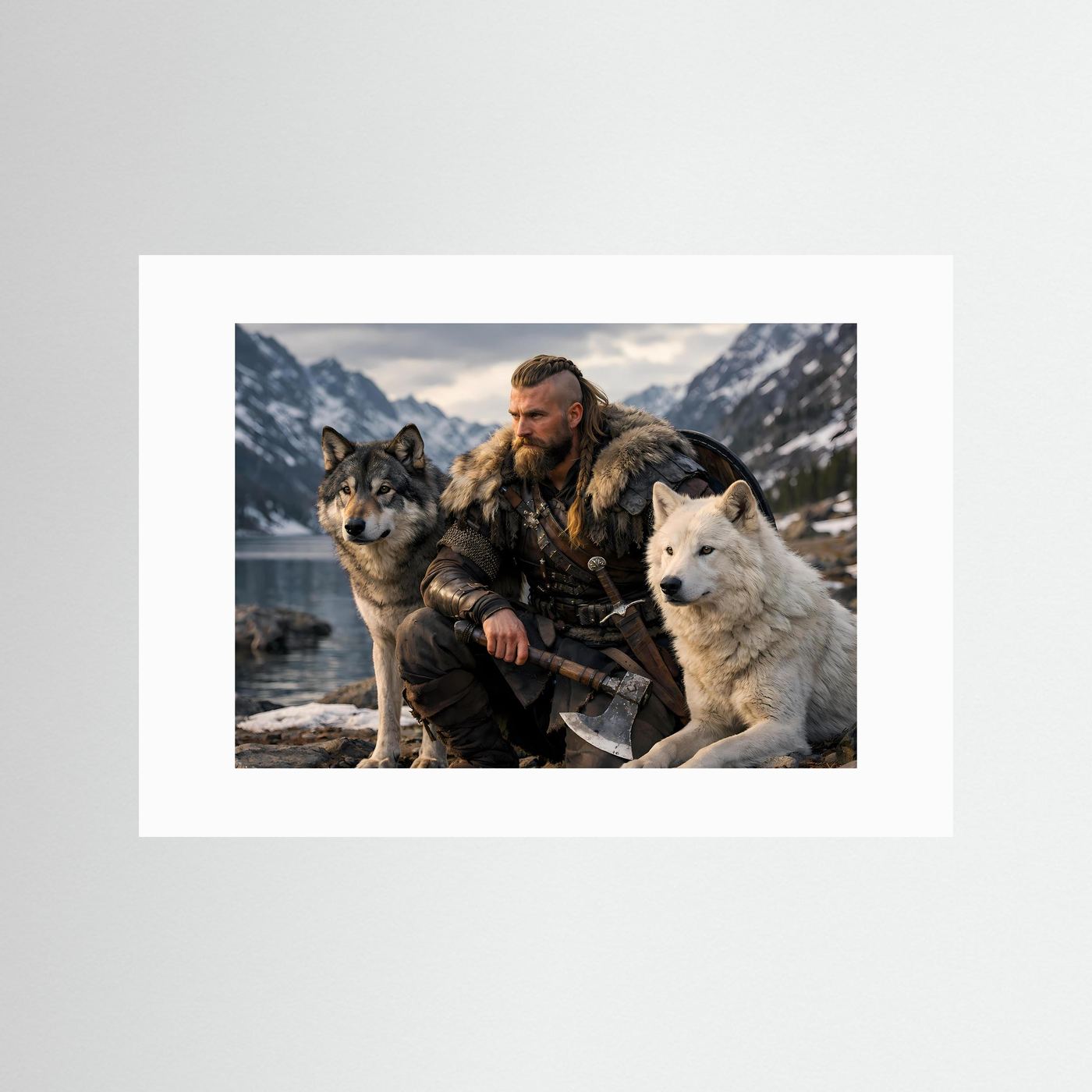 Poster im Querformat: Wikingerkrieger mit zwei Wölfen, mit weißem Passepartout