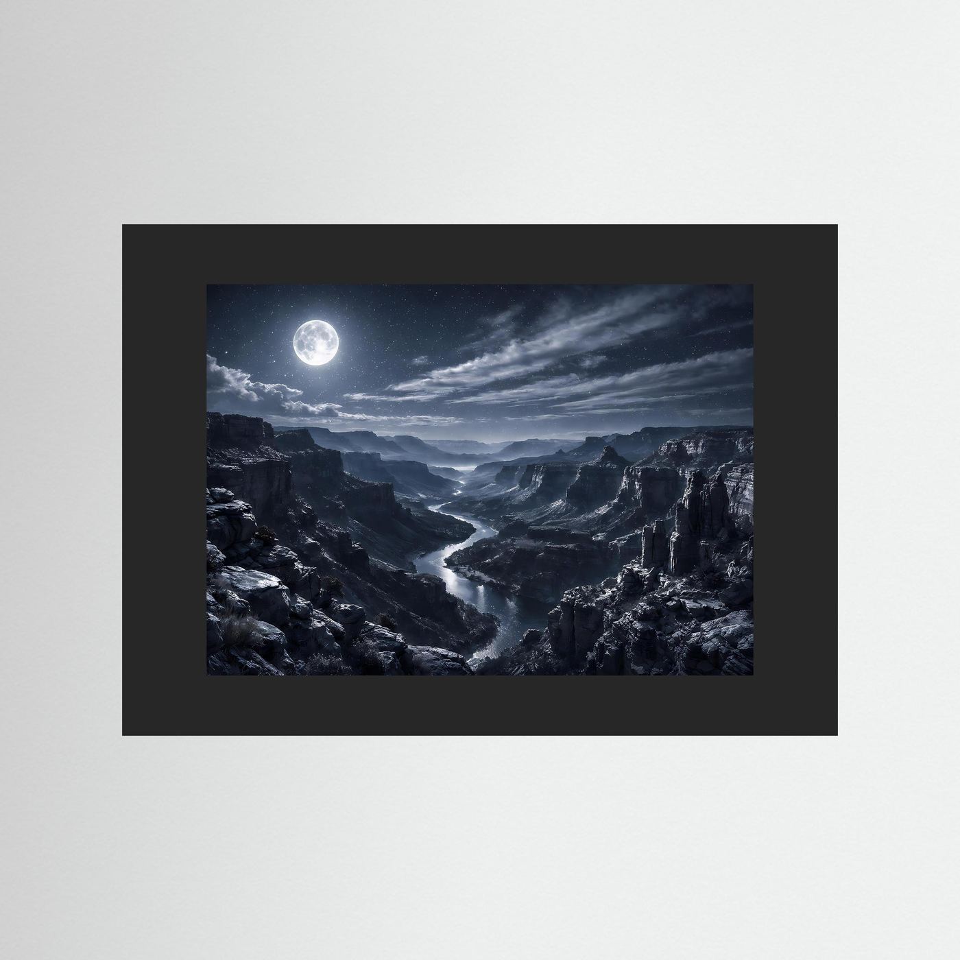 Wandbild: Canyon bei Mondschein, dunkle Felsenlandschaft mit hellem Mond, im schwarzem Rahmen