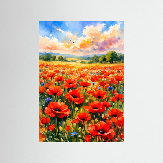 Hochformatiges Blumenwiesen-Poster mit roten Mohnblumen, blauem Himmel und Landschaft bei Sonnenaufgang.
