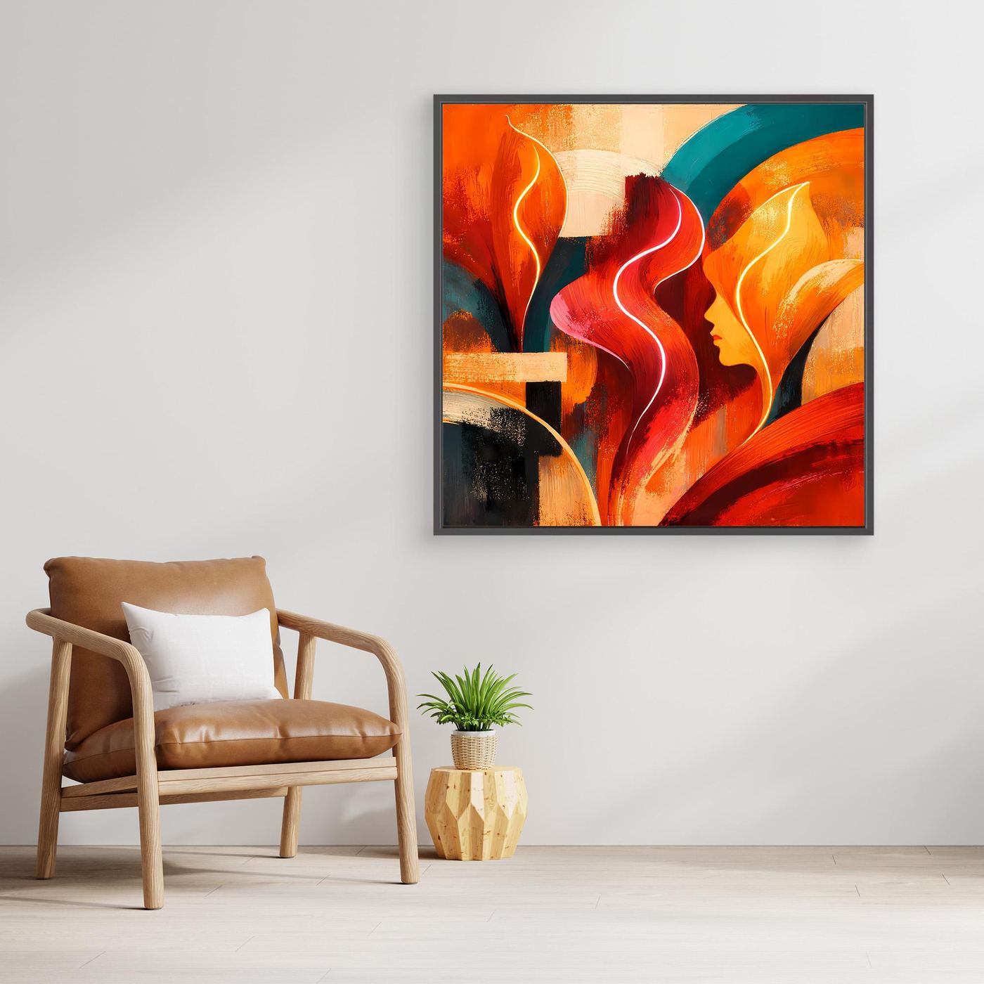 Abstraktes Leinwand-Wandbild mit roten, orangefarbenen und blauen Elementen im hellen Rahmen