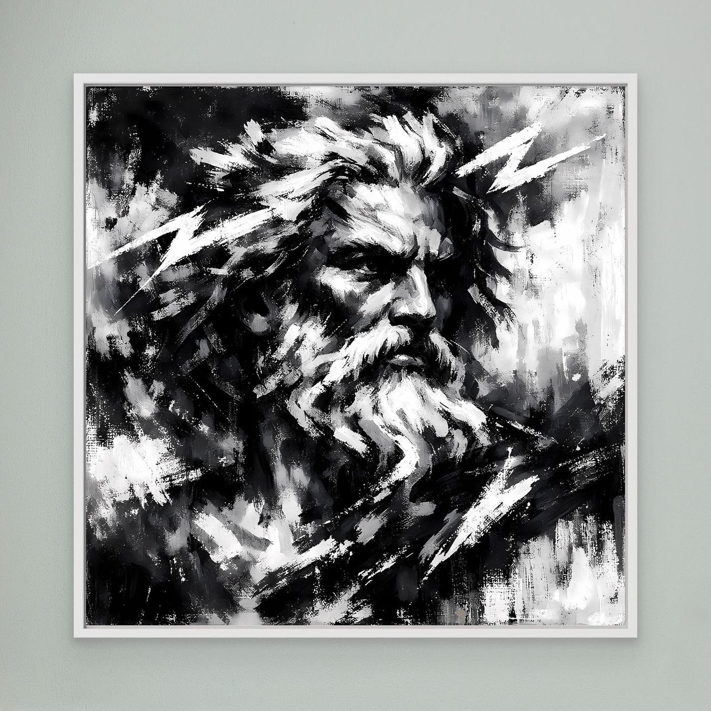 Square black-and-white abstract portrait wall art with crowned bearded face, white frame