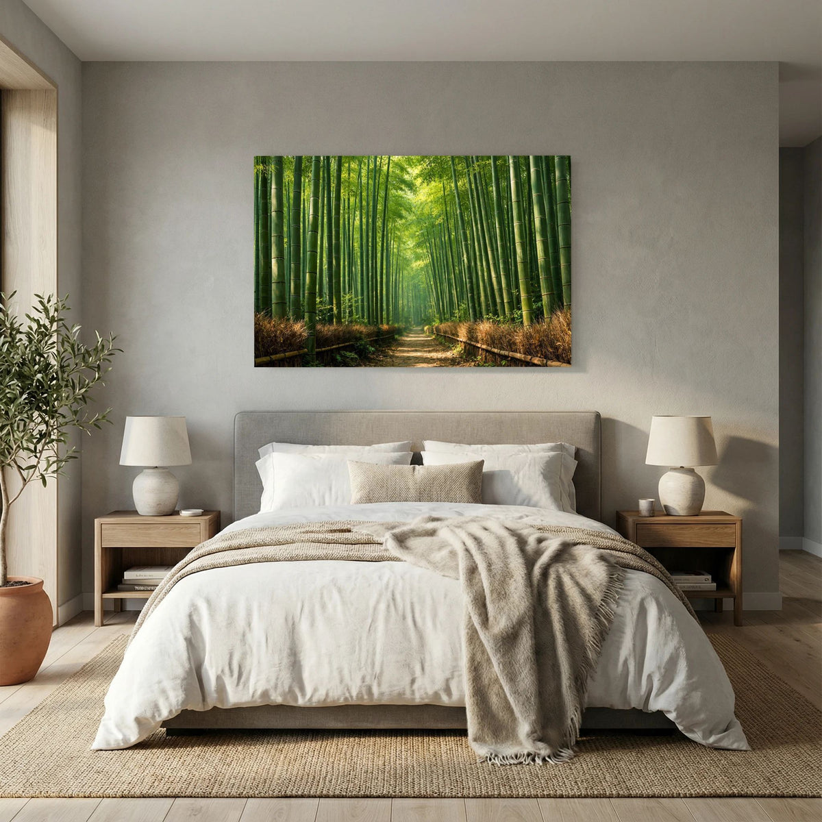 Wandbild im Schlafzimmer mit Bambuswald-Pfad und grünen Bambusstämmen