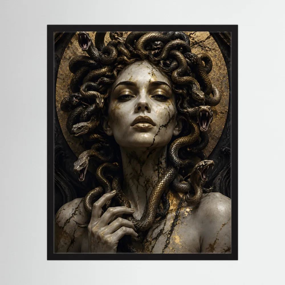 Medusa-Porträtposter in Schwarz und Gold mit Schlangenhaaren im schwarzen Rahmen