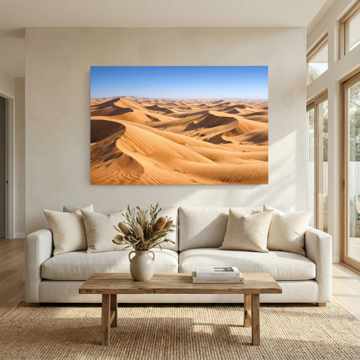 Wüstenlandschafts-Poster mit goldenen Sanddünen im Querformat über dem Sofa