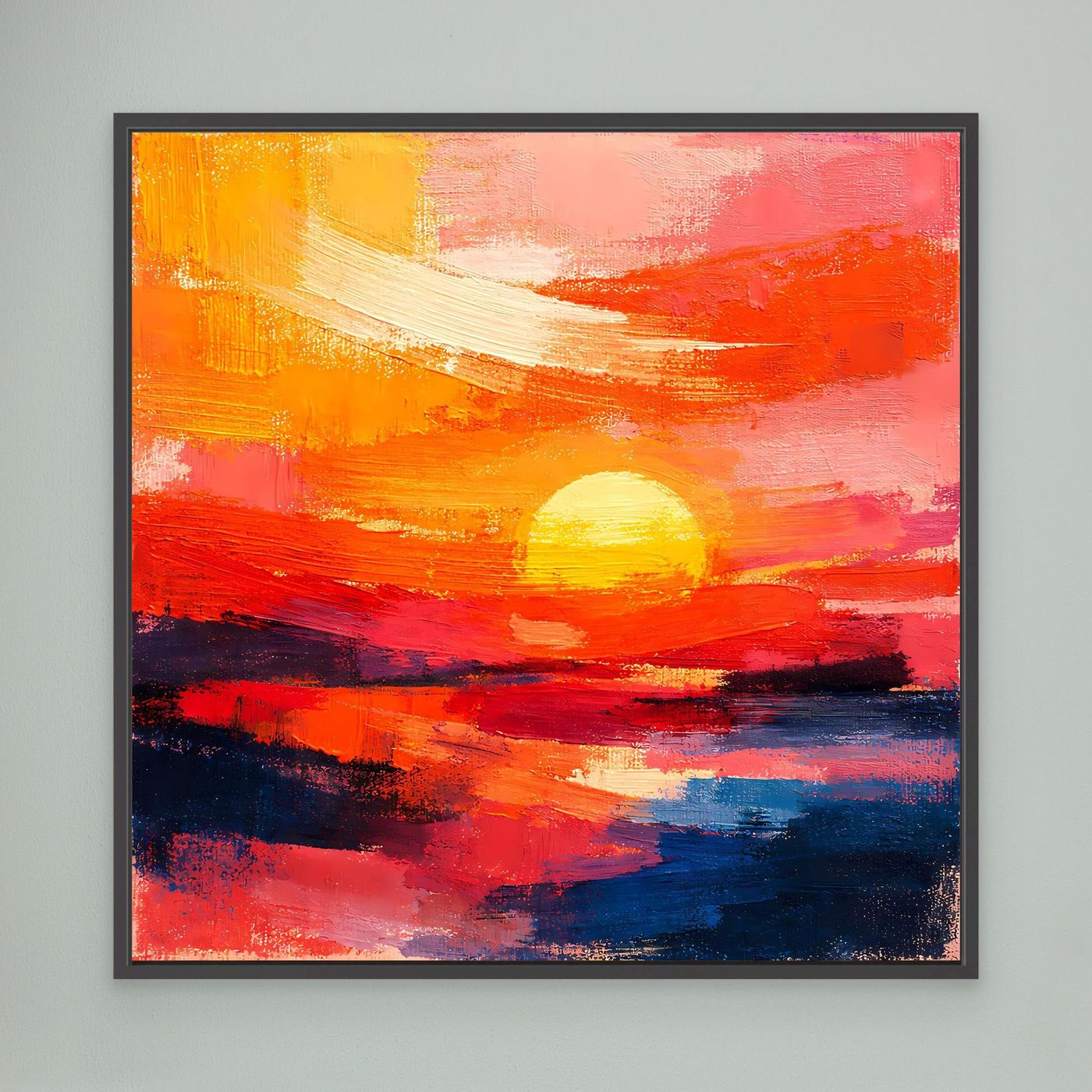 Abstract sunset seascape canvas wall art, black frame; orange, pink, and dark blue