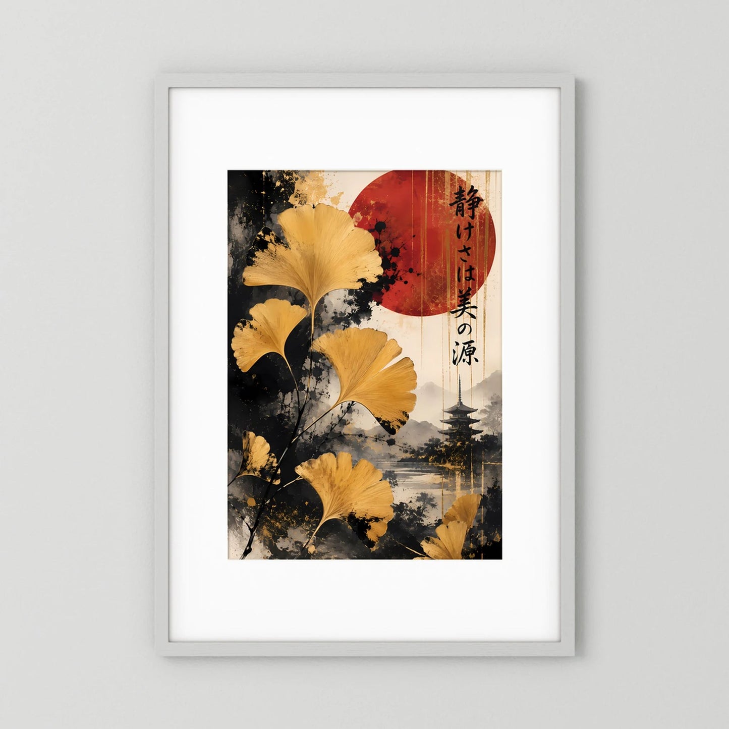 Hochformatiges Poster mit goldenen Ginkgo-Blättern, roter Sonne und Pagode