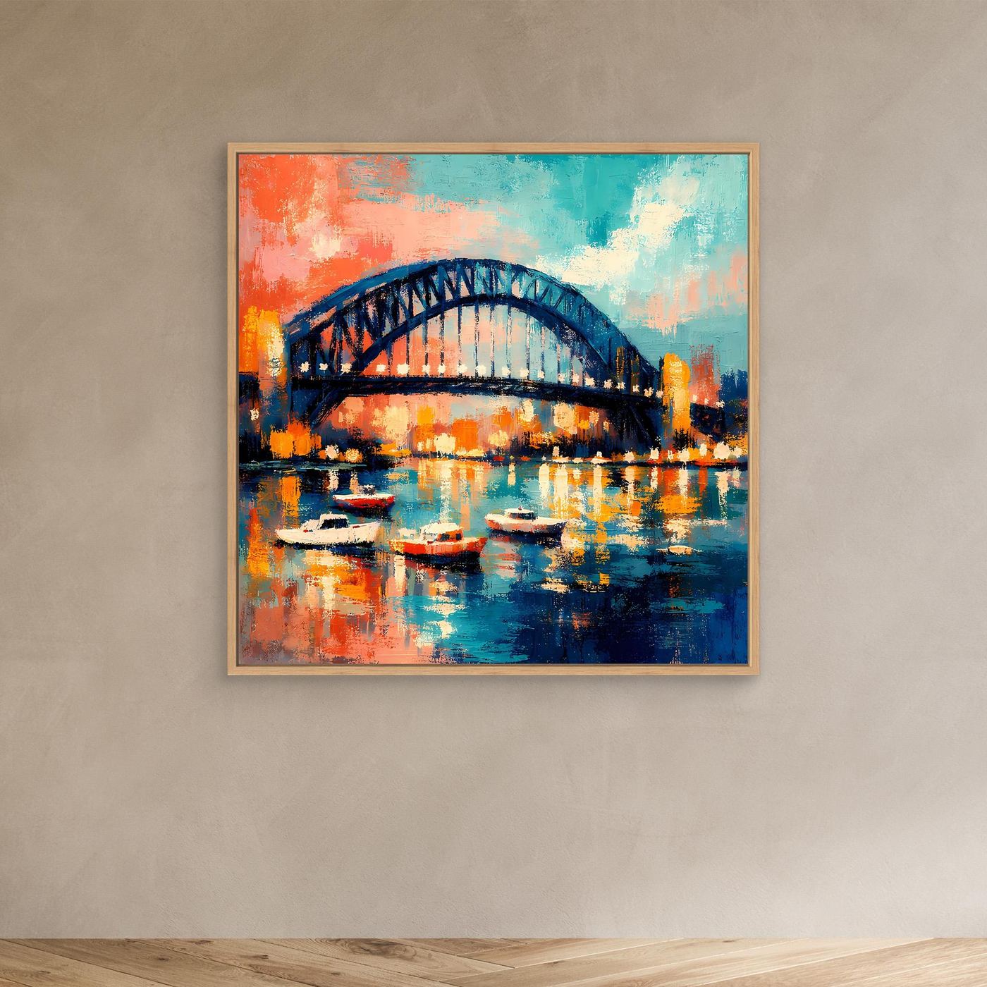 Abstraktes Leinwandbild mit Harbour-Brücke und Booten im Wasser, Eichenrahmen