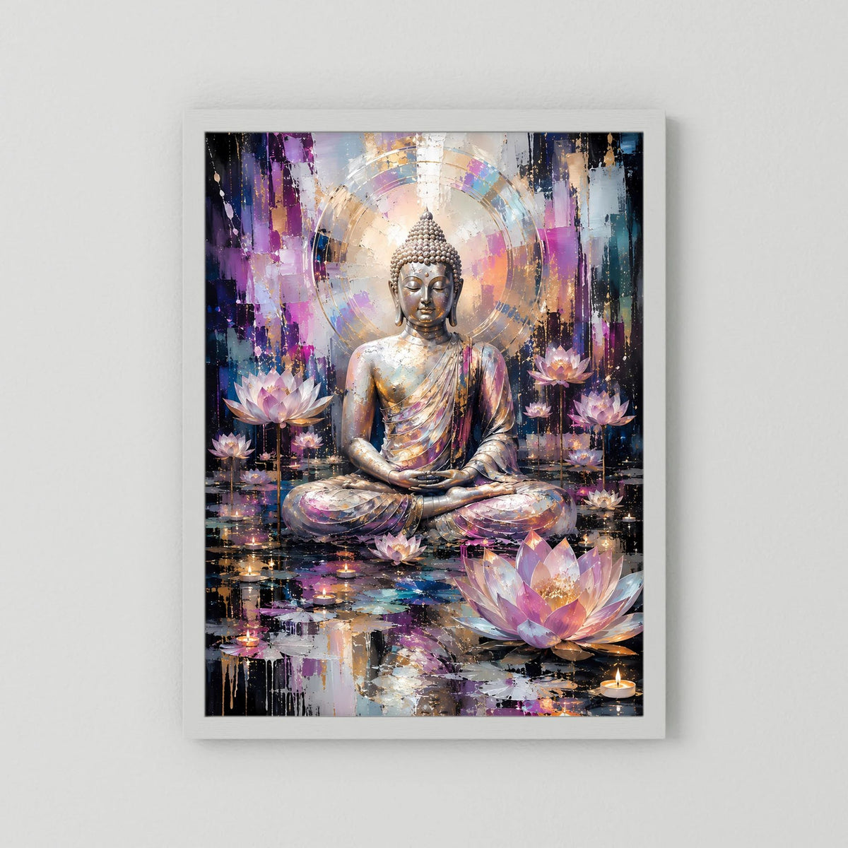 Poster mit weißem Rahmen: meditierender Buddha, violett-pinke Lotusblüten, abstrakte Lichthöfe.