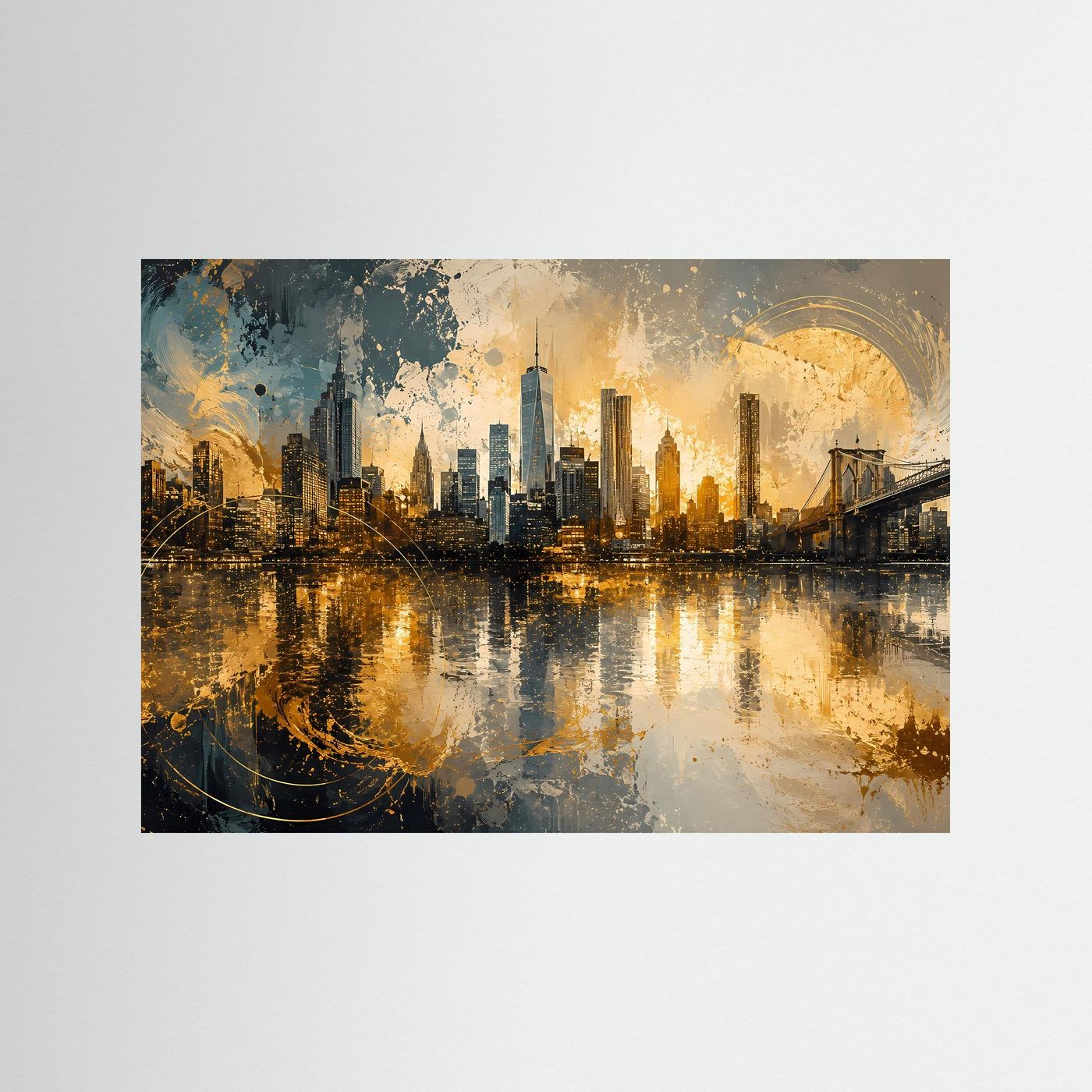 New York Skyline in Gold Poster | Abstrakte Manhattan Kunst mit Brooklyn Bridge Modernes Wandbild Querformat