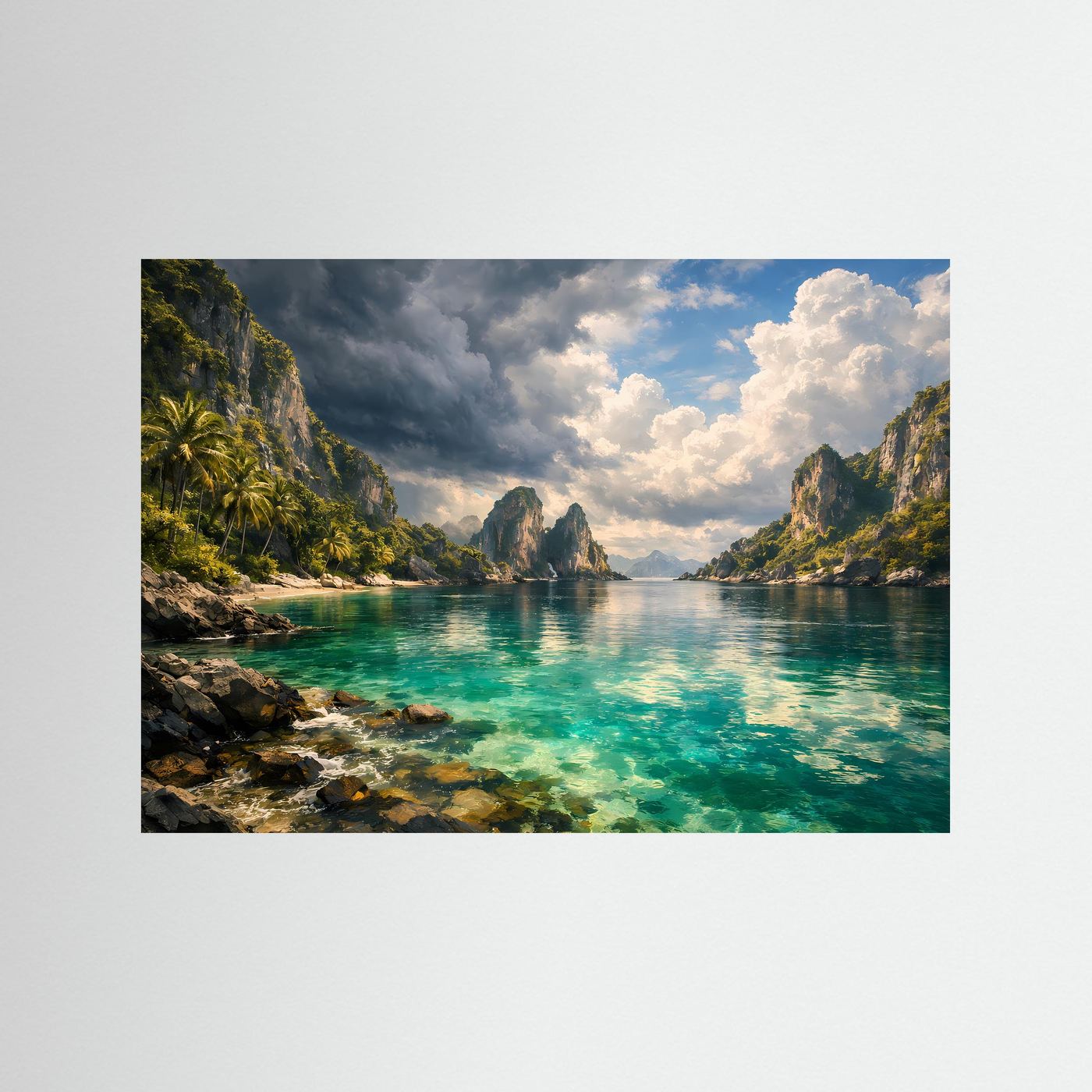 Tropische Lagune mit türkisblauem Wasser | Exotische Felsen & Palmen – Paradiesische Landschaftskunst