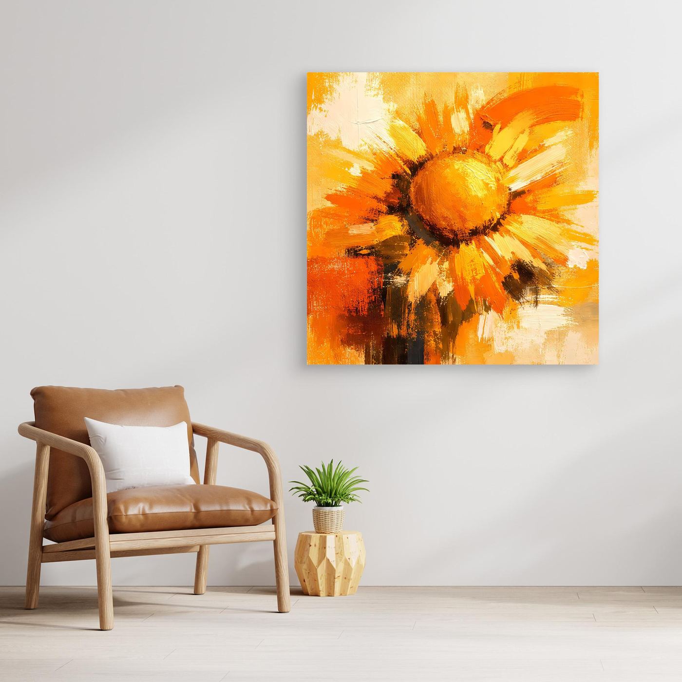 Leinwand Abstraktes Sonnenblumen Gemälde | Modernes Florales Wandbild Gelb Orange