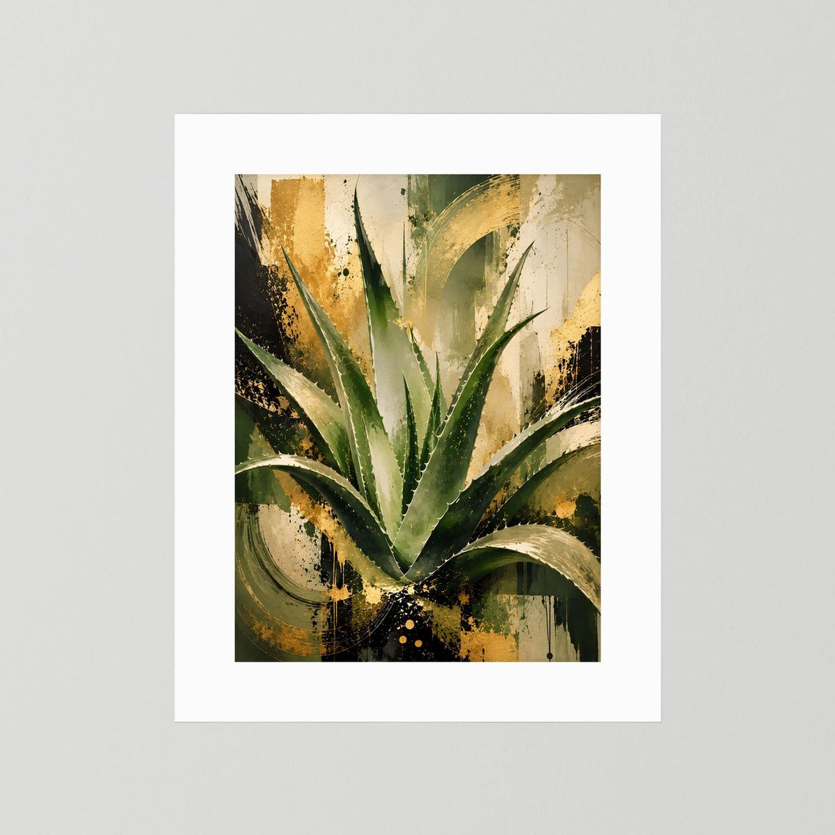 Abstraktes Aloe-Vera-Wandposter mit grünen Blättern und goldenen Akzenten im weißen Passepartout
