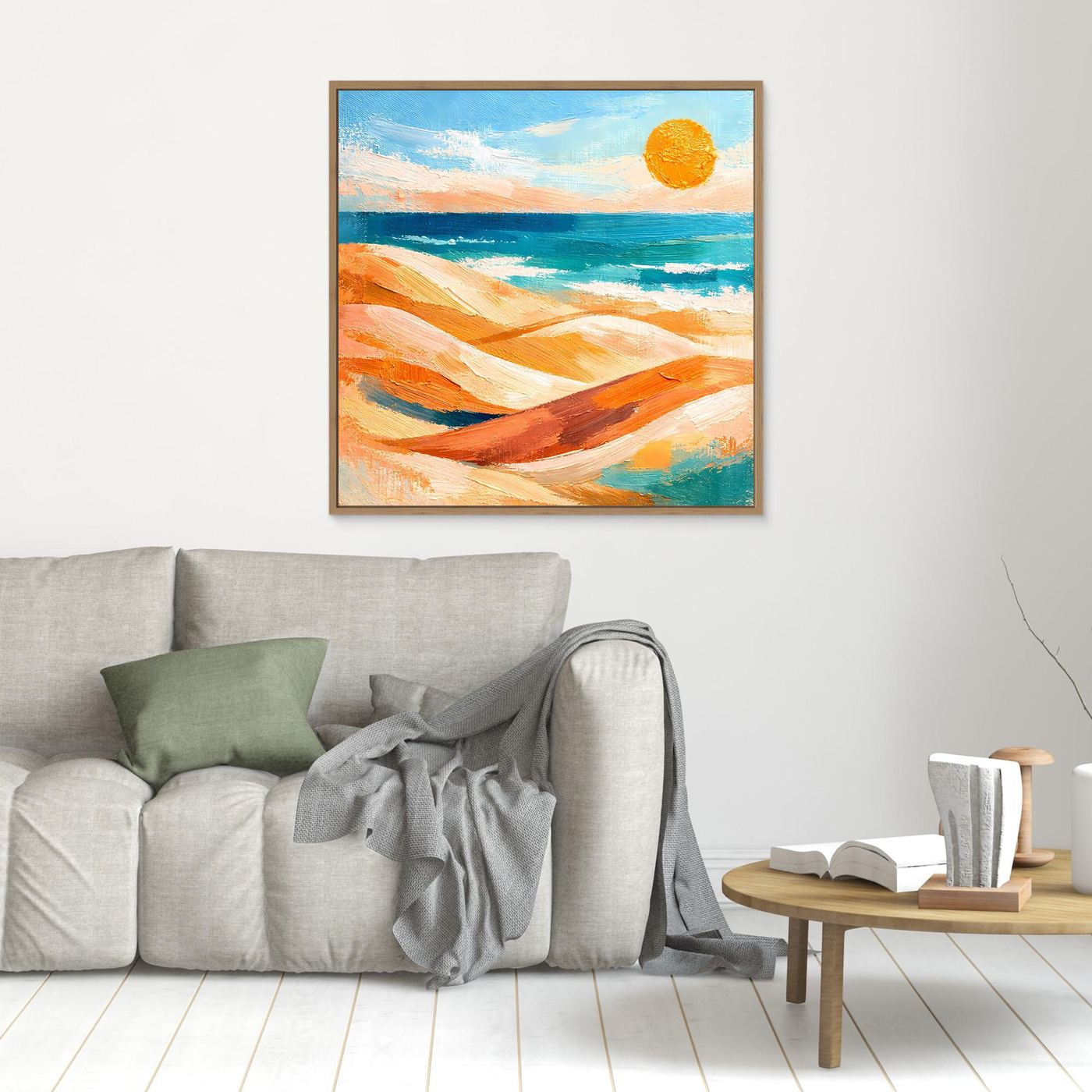 Kleines Leinwand-Wandbild mit abstraktem Strandmotiv, Meer und gelber Sonne, goldbrauner Rahmen