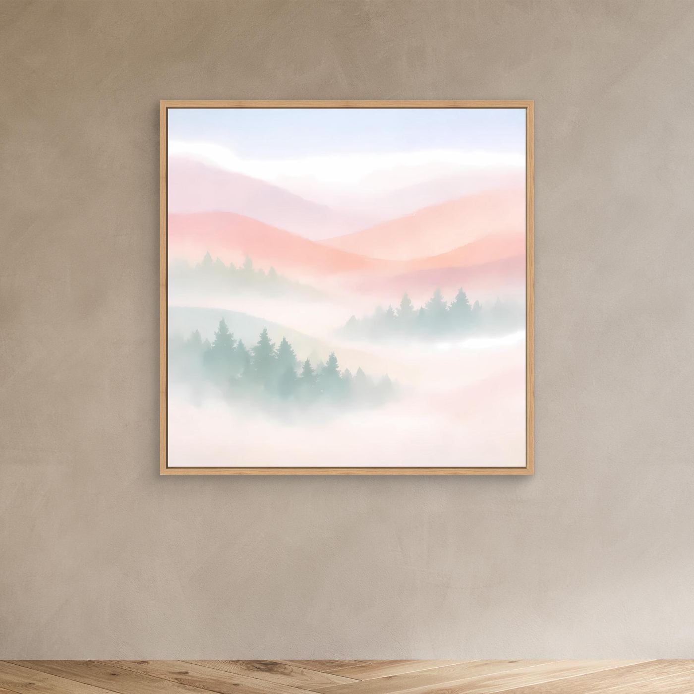 Leinwandbild mit nebligem Bergmotiv in Pastellrosa, im Eichenrahmen