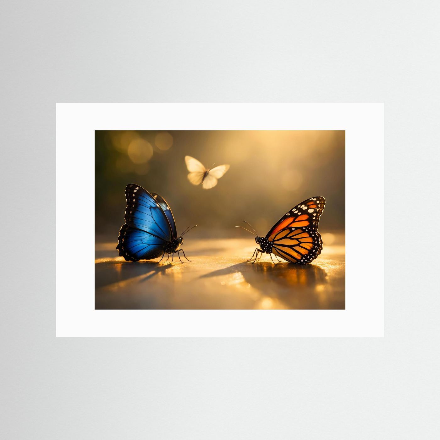 Poster mit Schmetterlingen, blau und orange, Querformat, weißer Rahmen