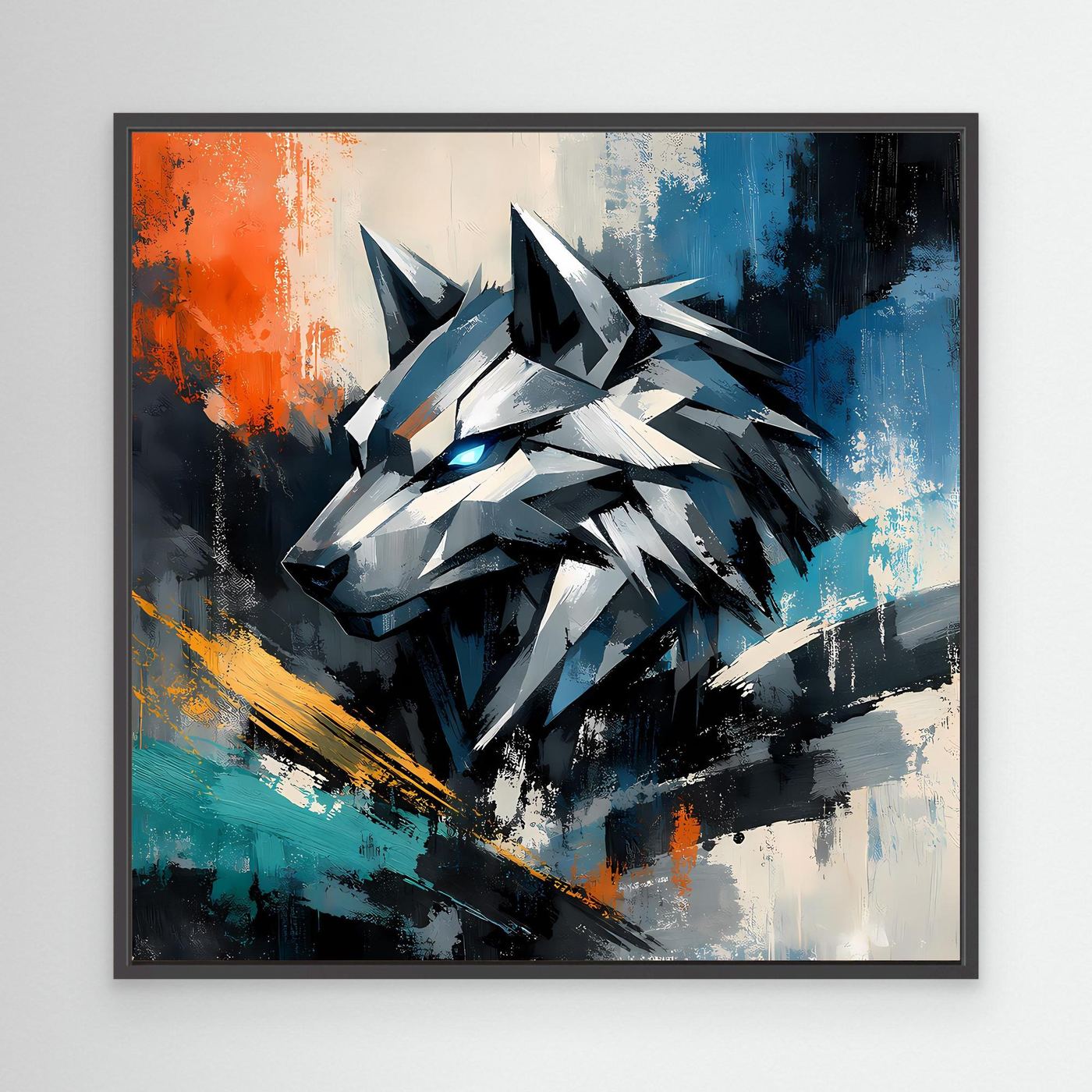 Leinwandbild mit geometrischem Cyber-Wolf im schwarzen Rahmen, abstraktes Mecha-Design