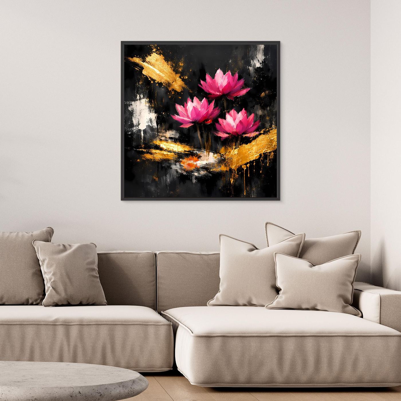 Leinwand Prachtvolle Lotusblüten in Pink und Gold | Modernes Abstraktes Blumen Wandbild