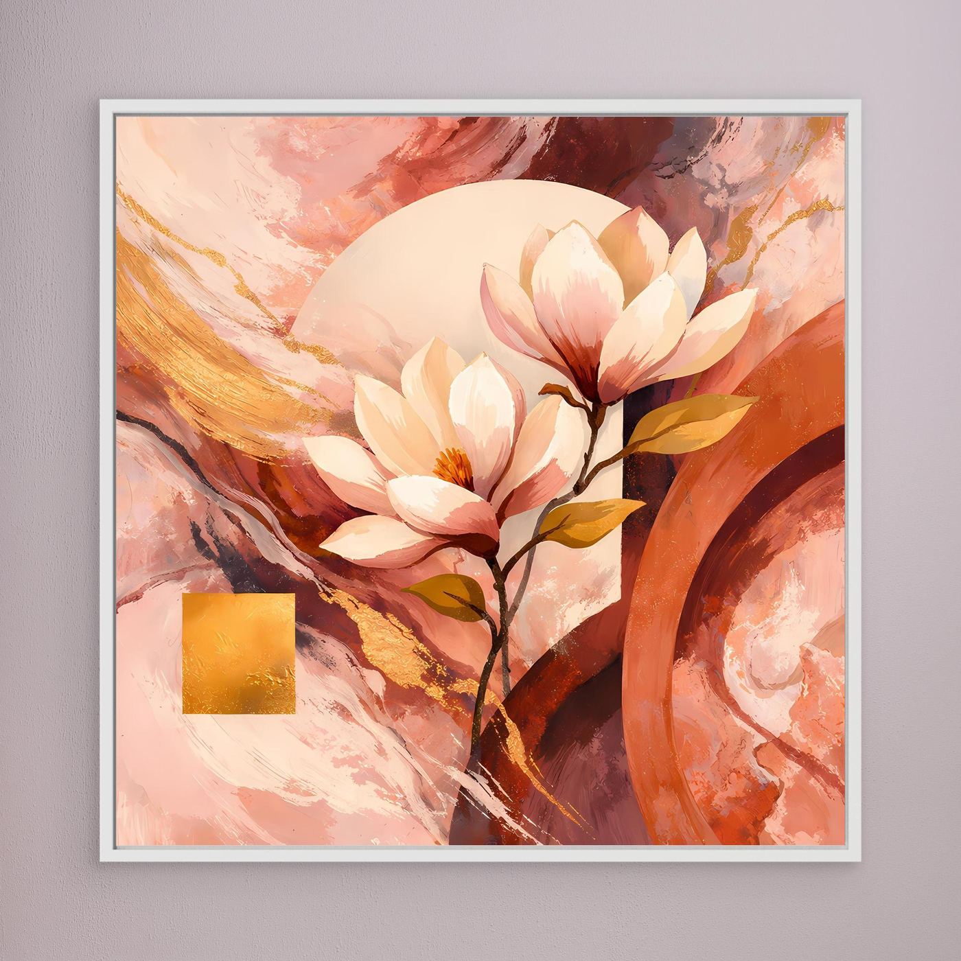 Gerahmtes Leinwandbild: Magnolienblüten, roséfarbene Flächen, abstrakte Strukturen, gold