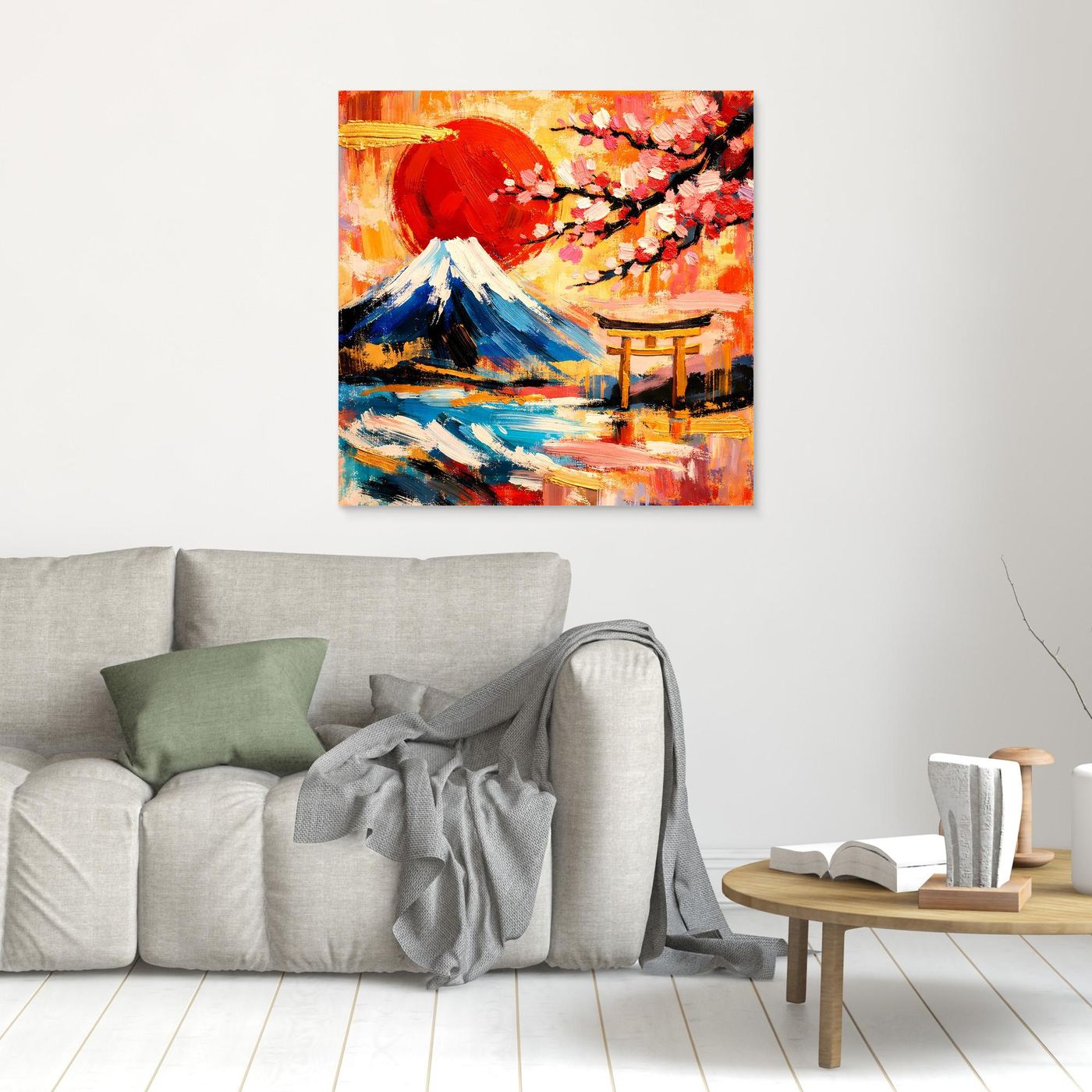 Kleines Leinwandbild mit Rahmen: Fuji, Kirschblütenzweige und Torii in Farben