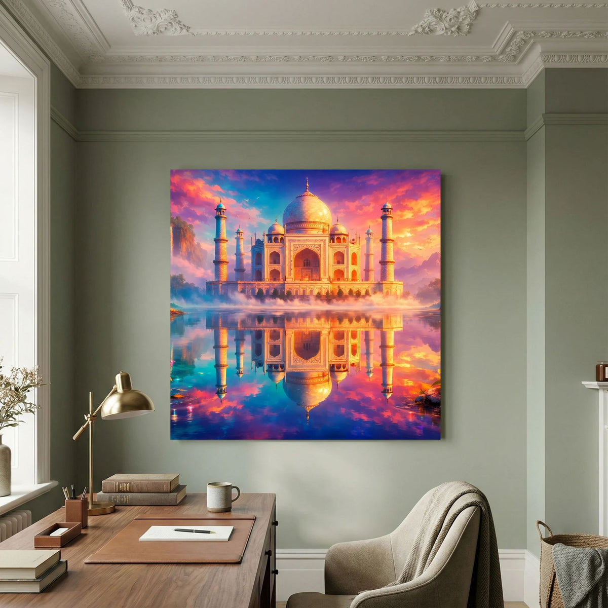 Leinwandbild Taj Mahal mit Spiegelung im Wasser, bunte Abendhimmel-Farben, auf Holzkeilrahmen.