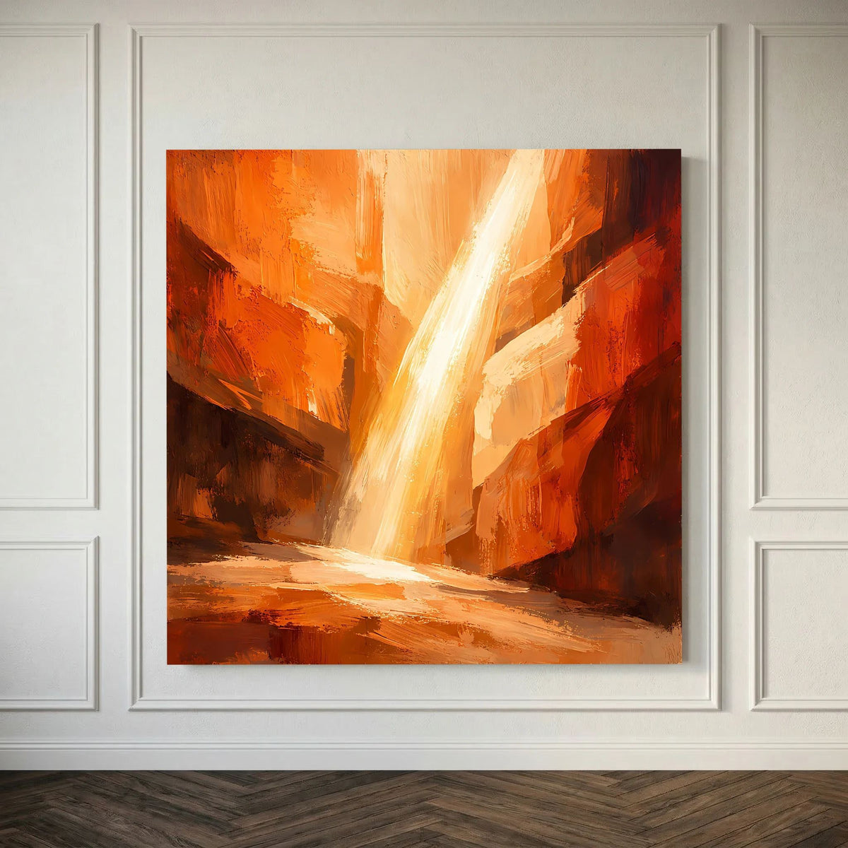Abstraktes Leinwand-Wandbild mit orangefarbenen Felsen und weißem Lichtstrahl im Canyon