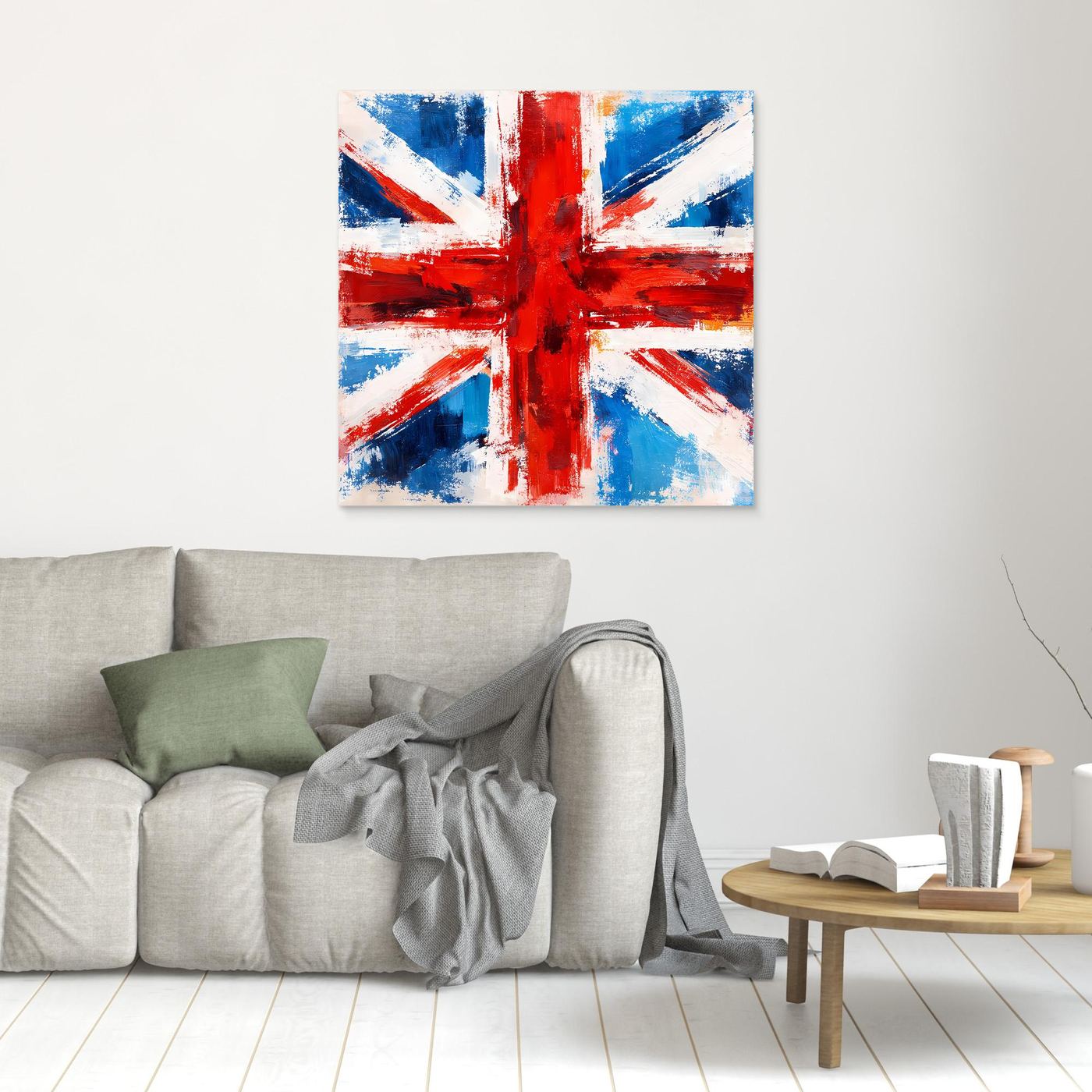 Abstract Union Jack canvas wall art without frame, red cross over blue and white paint