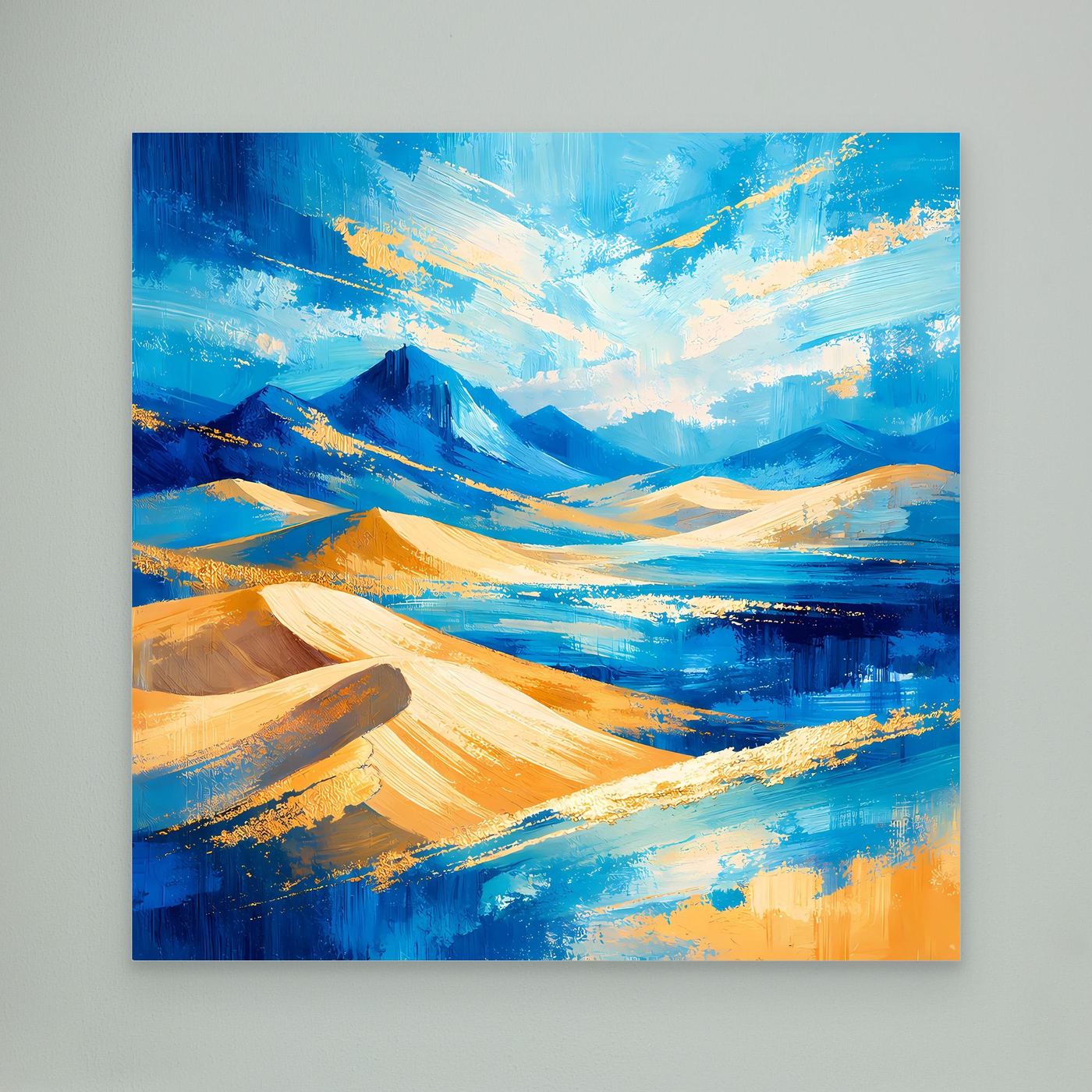 Leinwandbild abstrakte Berglandschaft mit Dünen, Blau, Gold und Gelb, ohne sichtbaren Rahmen