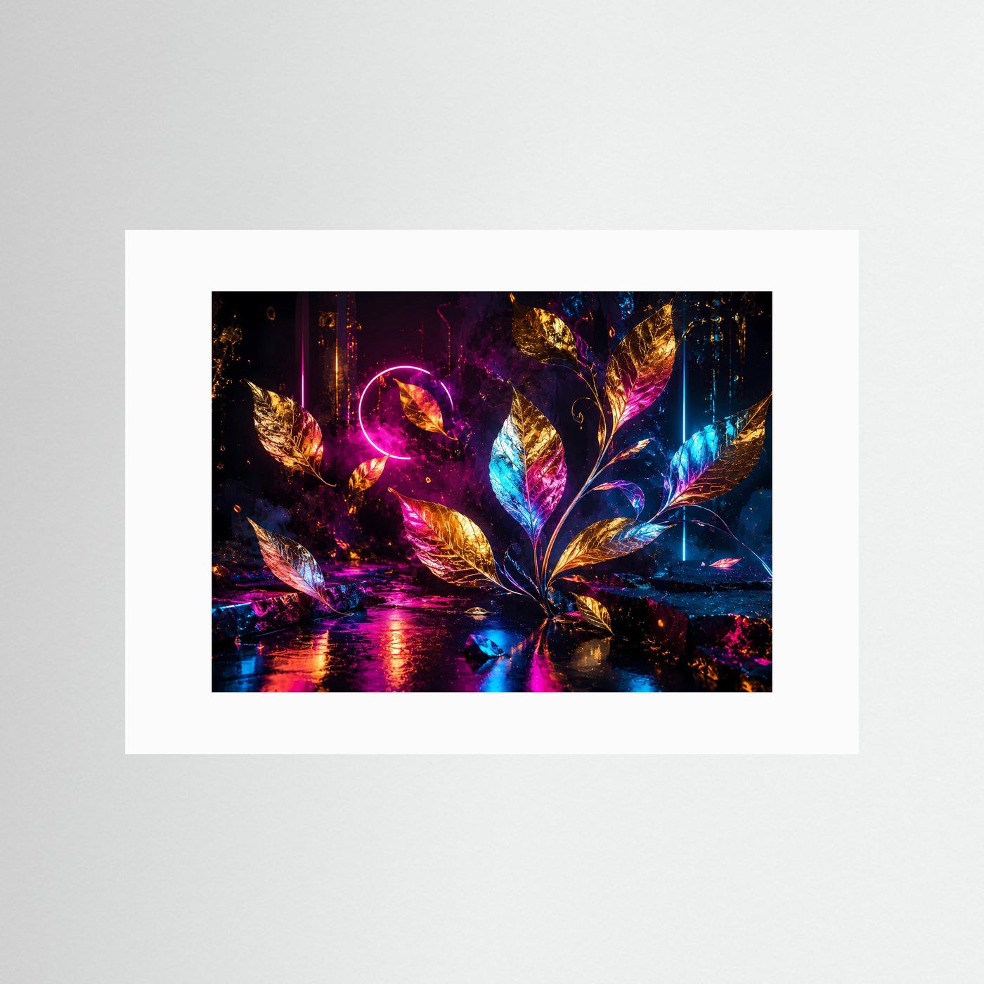 Abstrakte Goldene Blätter in Neonfarben | Modernes Botanik Poster Querformat