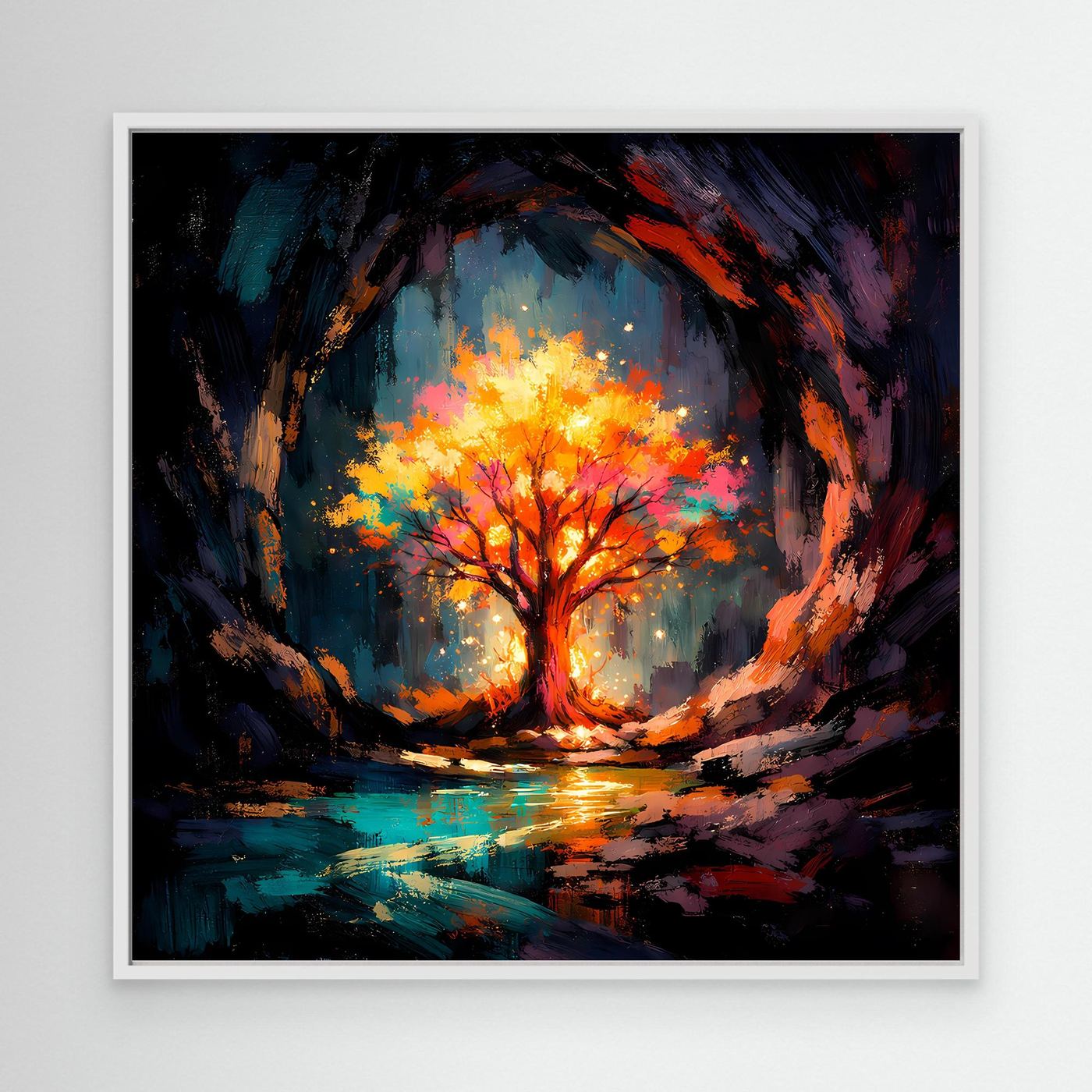 Abstract tree canvas wall art with white frame, glowing autumn tree and night reflections