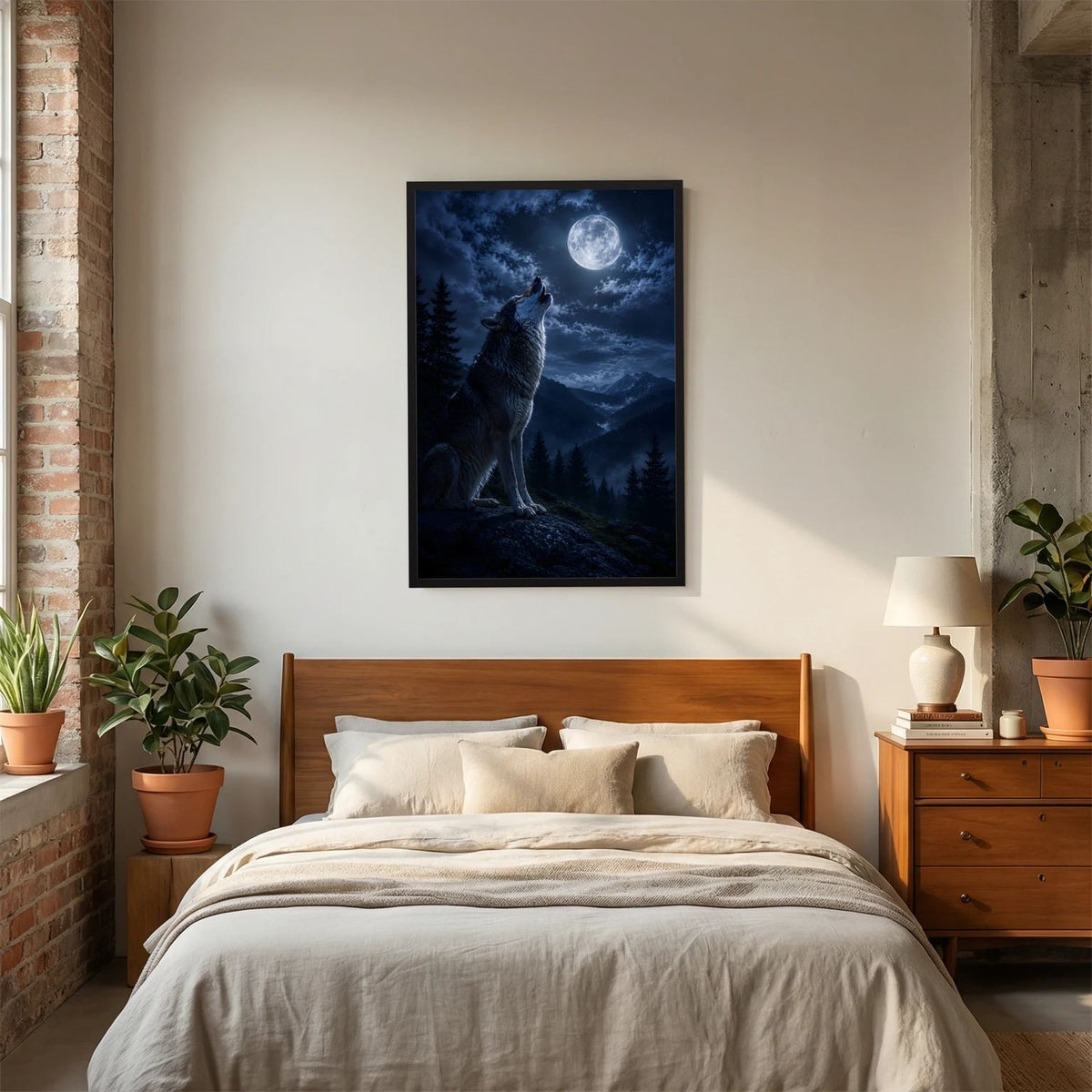 Wandbild im Hochformat in dunklem Rahmen: Wolf heult zum Vollmond im Wald