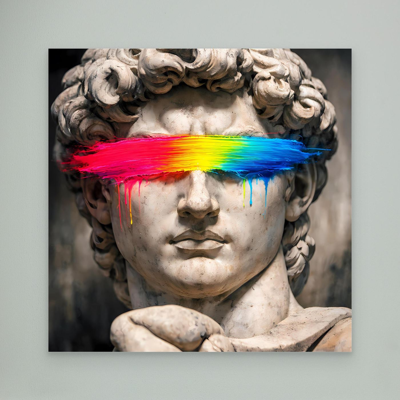 Leinwandbild mit David-Statue, Regenbogen-Farbbalken über der Stirn