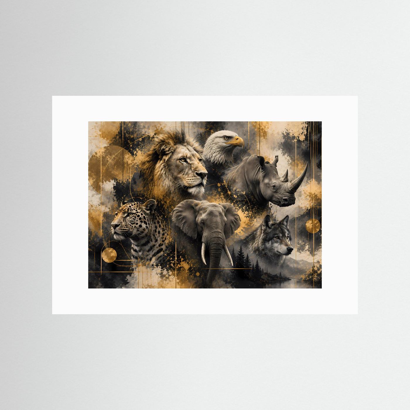 Querformatiges Wildtier-Poster mit weißem Passepartout: Löwe, Elefant, Nashorn, Wolf, Adler