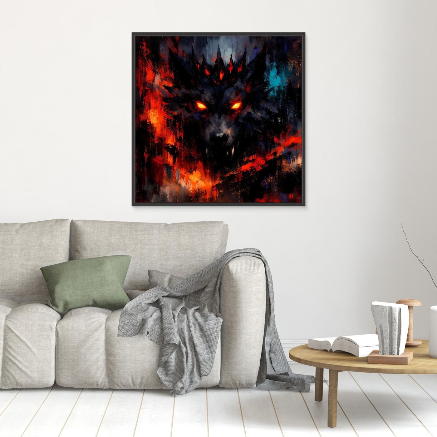 Quadratisches Wolf-Leinwandbild mit leuchtenden Augen, Rot- und Blauakzenten, schwarzer Rahmen
