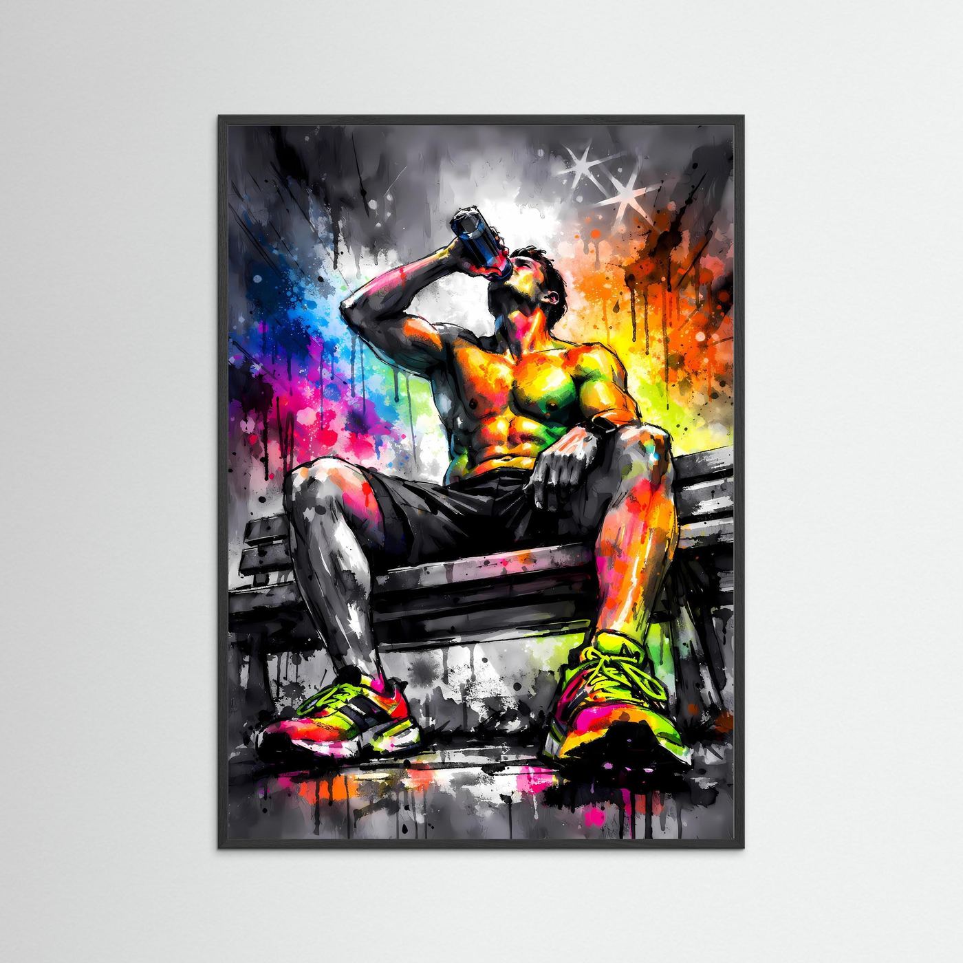Die Kunst der Energie | Neon Fitness Poster mit trainierender Silhouette & Regenbogen-Farben | Abstraktes Sport Kunstposter Hochformat